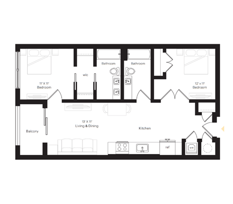 Floor plan for 1 bed, 1 bath, 781 sqft